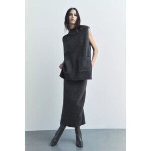 Zara Charcoal Knit Two Piece Set Sleeveless Top & Midi Skirt Minimal